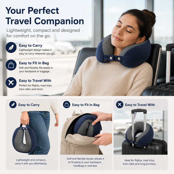 Cosymor purple travel neck pillow in use during flight for neck support