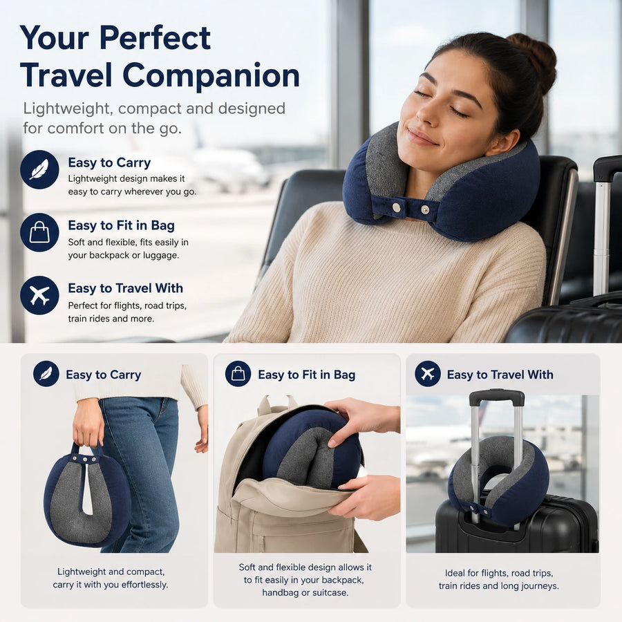 Cosymor purple travel neck pillow in use during flight for neck support