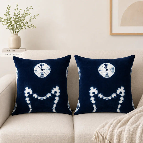 Navy Medallion Tie Dye Boho Cushion Cover Set – 16x16 Inch Cosymor