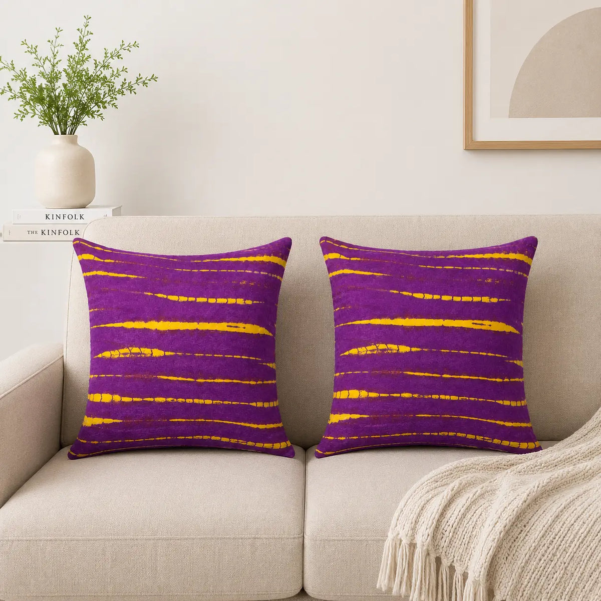 Vivid Purple & Gold Streaks Boho Cushion Cover Set of 2 – 16x16 Inch