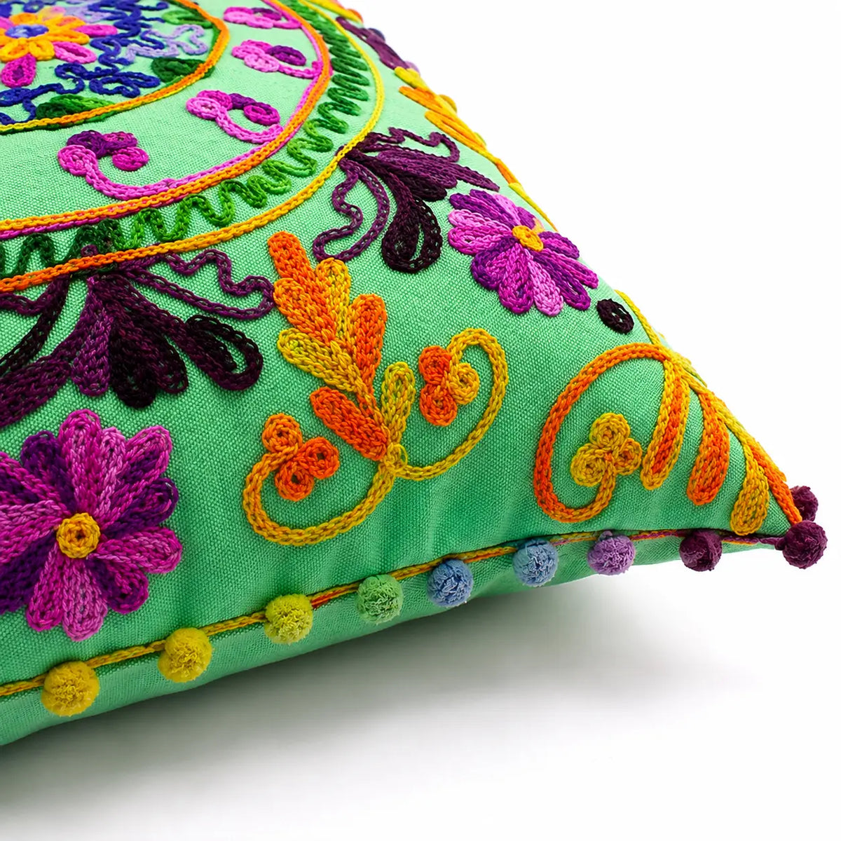 Green Medallion Embroidered Pom Pom Cushion Cover Set of 2 - 16X16 Inch Cosymor