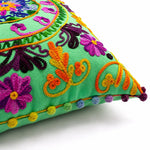 Green Medallion Embroidered Pom Pom Cushion Cover Set of 2 - 16X16 Inch Cosymor