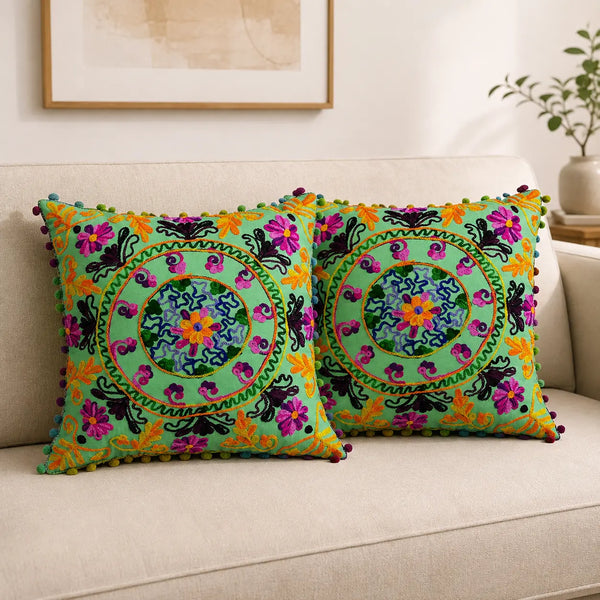 Green Medallion Embroidered Pom Pom Cushion Cover Set of 2 - 16X16 Inch Cosymor