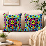 Turquoise Blue Medallion Embroidered Cushion Cover Set of 2 - 16X16 Inch Cosymor