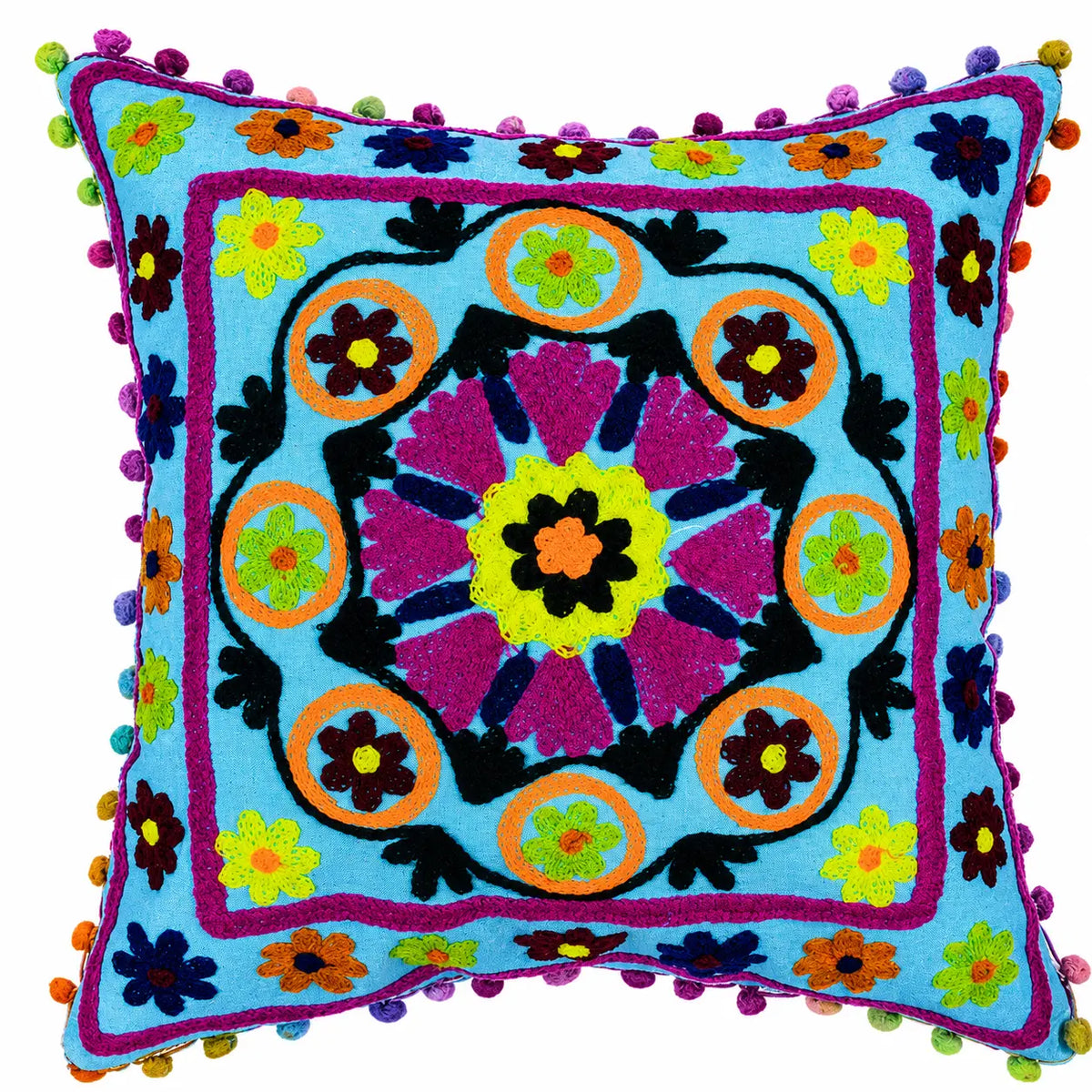 Turquoise Blue Medallion Embroidered Cushion Cover Set of 2 - 16X16 Inch Cosymor