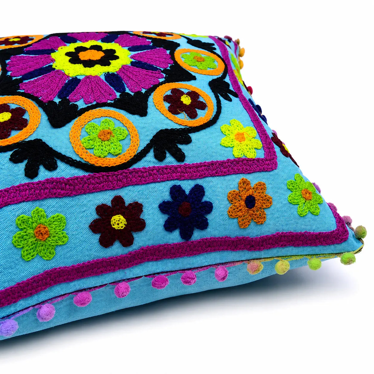 Turquoise Blue Medallion Embroidered Cushion Cover Set of 2 - 16X16 Inch Cosymor