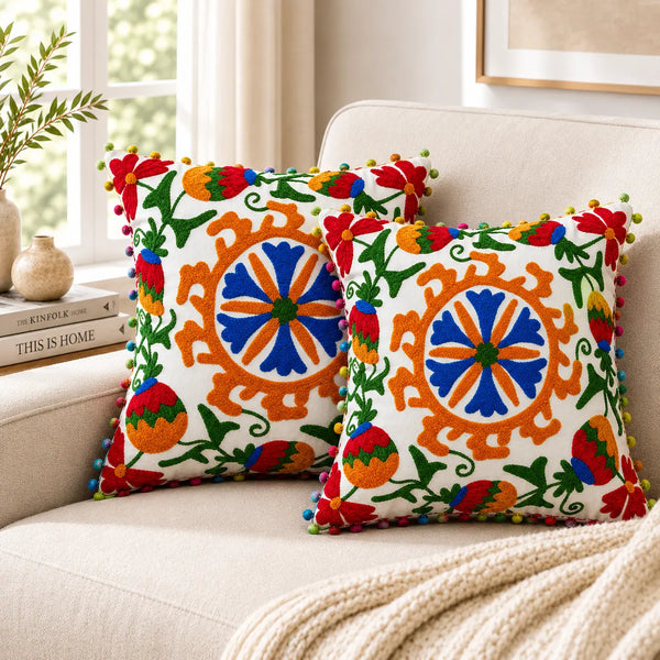 16X16 Inch Ivory Medallion Embroidered Cushion Covers Set for Sofa Living Area Cosymor