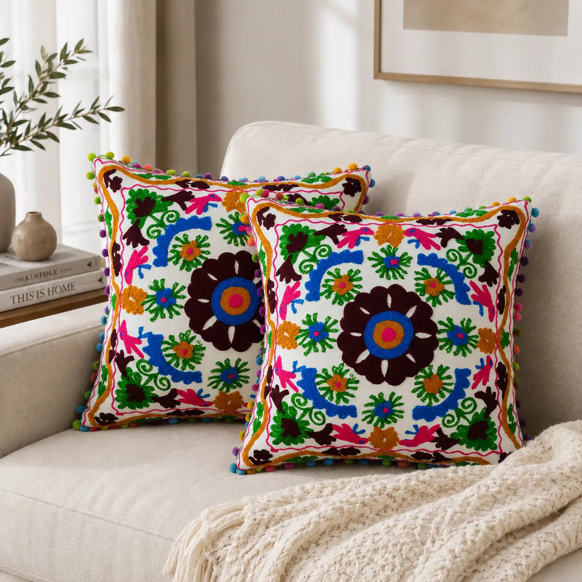 White Medallion Floral Embroidered Cushion Cover Set of 2 - 16X16 Inch
