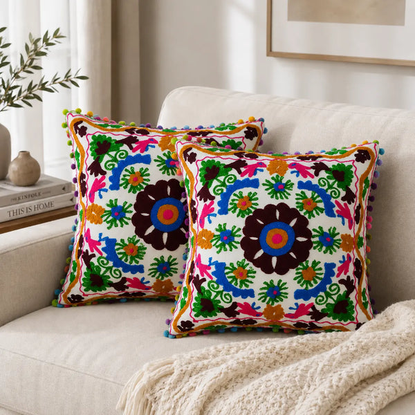 White Medallion Floral Embroidered Cushion Cover Set of 2 - 16X16 Inch