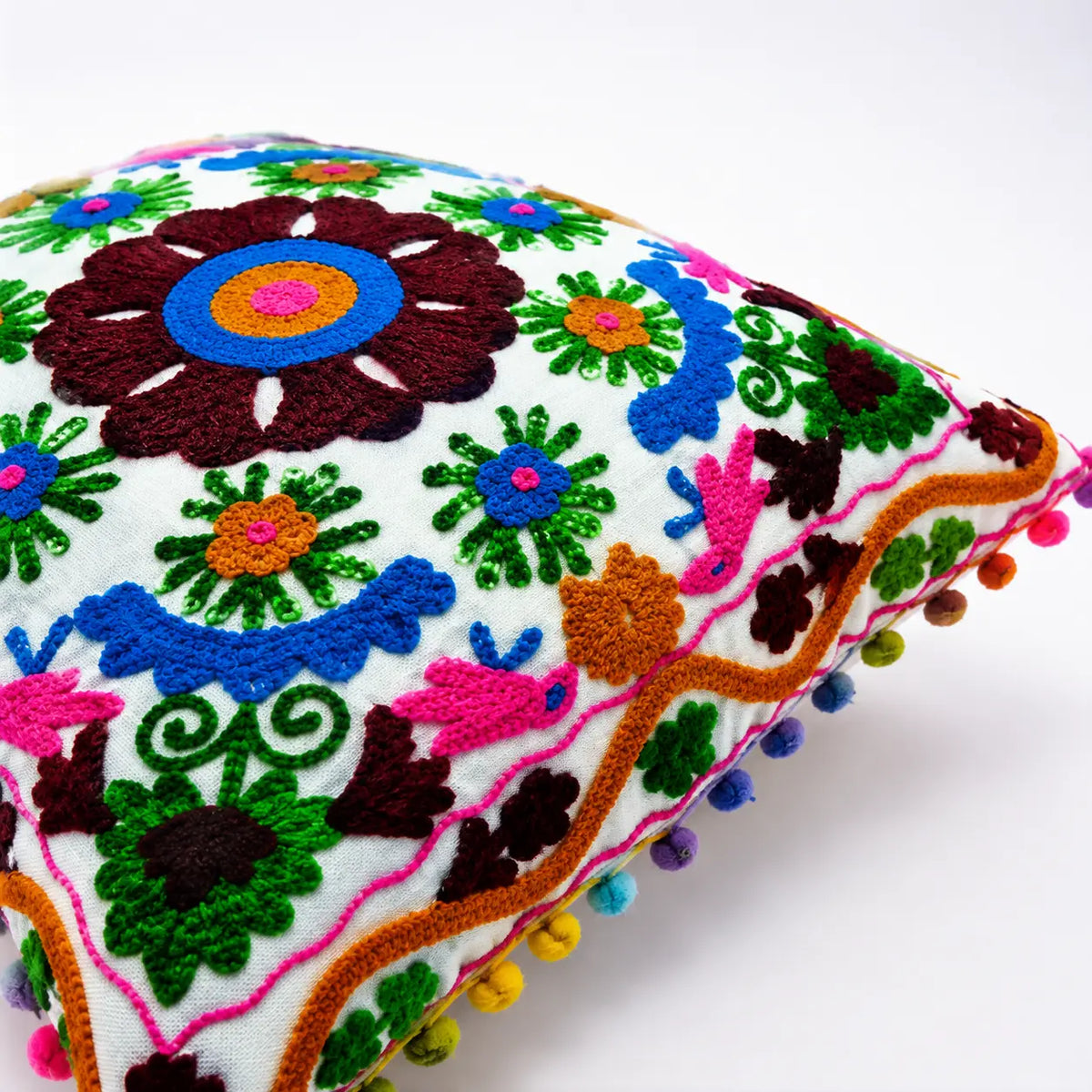White Medallion Floral Embroidered Cushion Cover Set of 2 - 16X16 Inch
