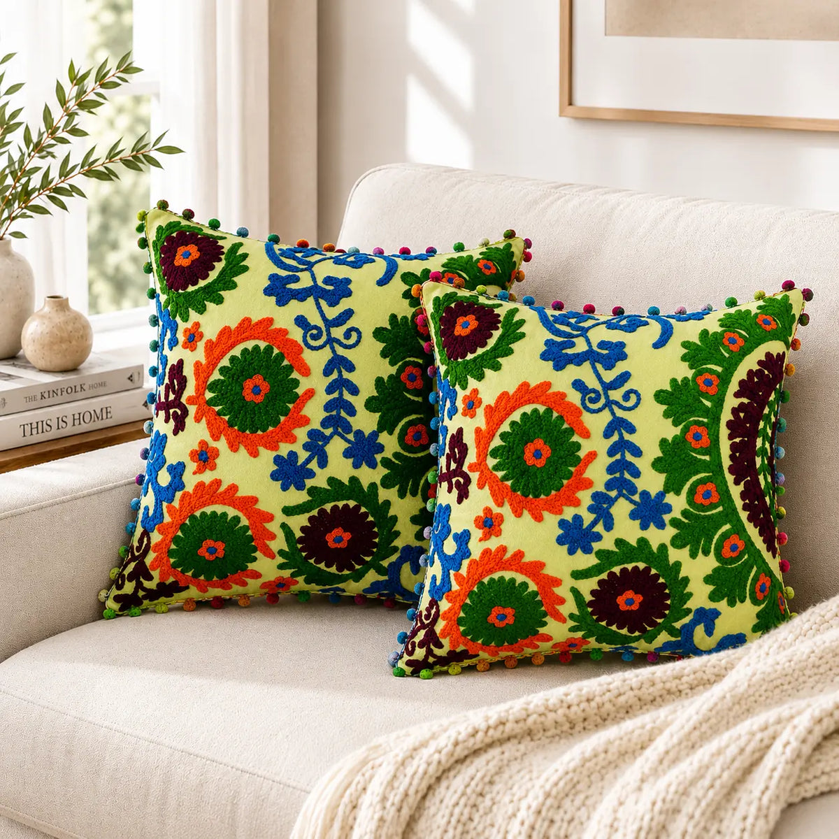 16X16 Inch Yellow Sunflower Embroidered Cushion Covers Set for Sofa Chair Cosymor