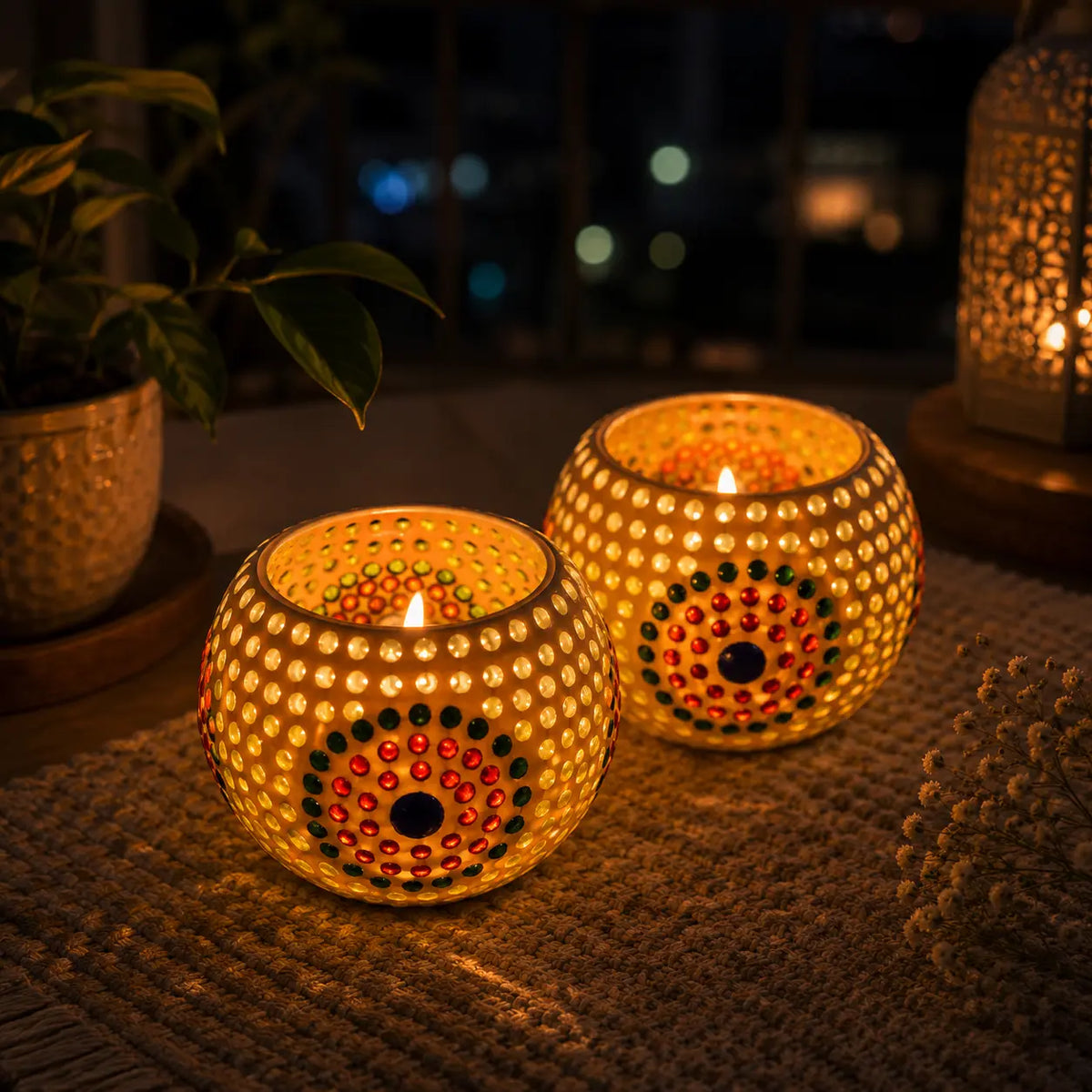 Round Circle Bubble Mosaic Glass Tea Light Candle Holder – Set of 2