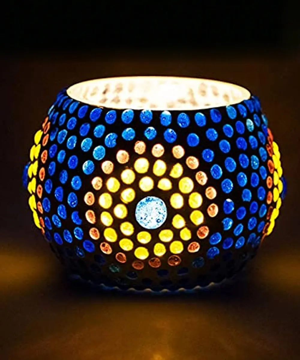 Cosymor Mosaic Ceramic Glass Tealight Candle Holder Set of 4 – Elegant Flower Design for Home Décor, Diwali Christmas Decoration, Dining Table & Living Room | Pack of 4