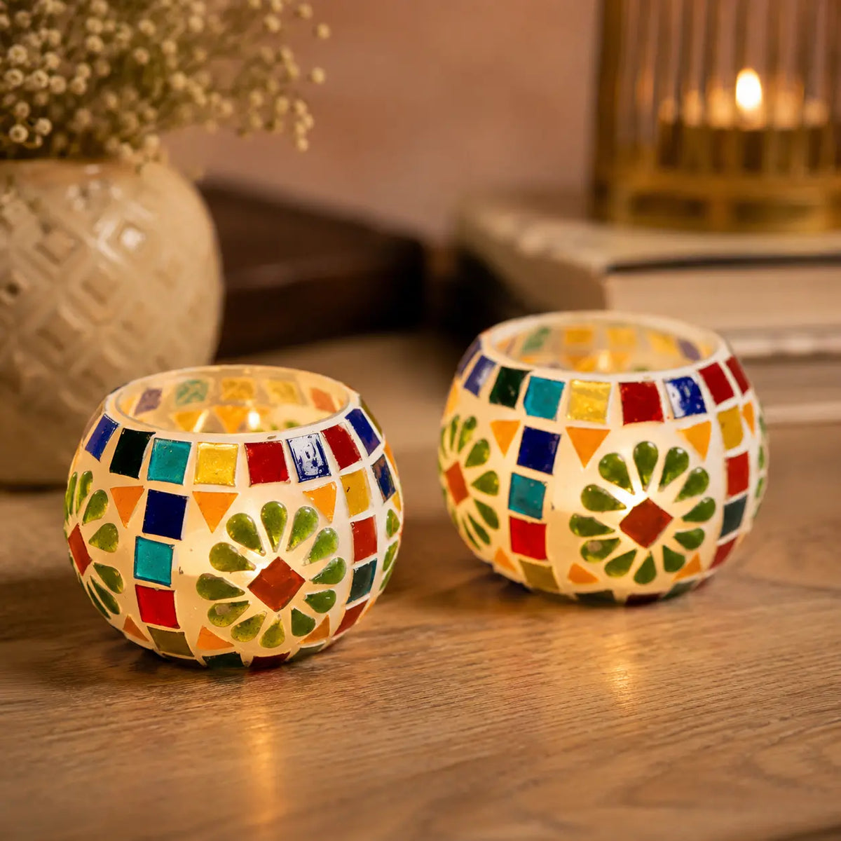 Flower Mosaic Glass Tea Light Candle Holder – Set of 2