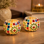 Flower Mosaic Glass Tea Light Candle Holder – Set of 2
