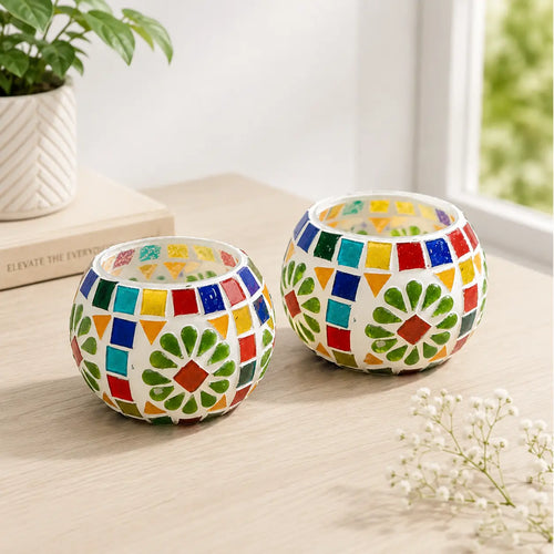 Flower Mosaic Glass Tea Light Candle Holder – Set of 2