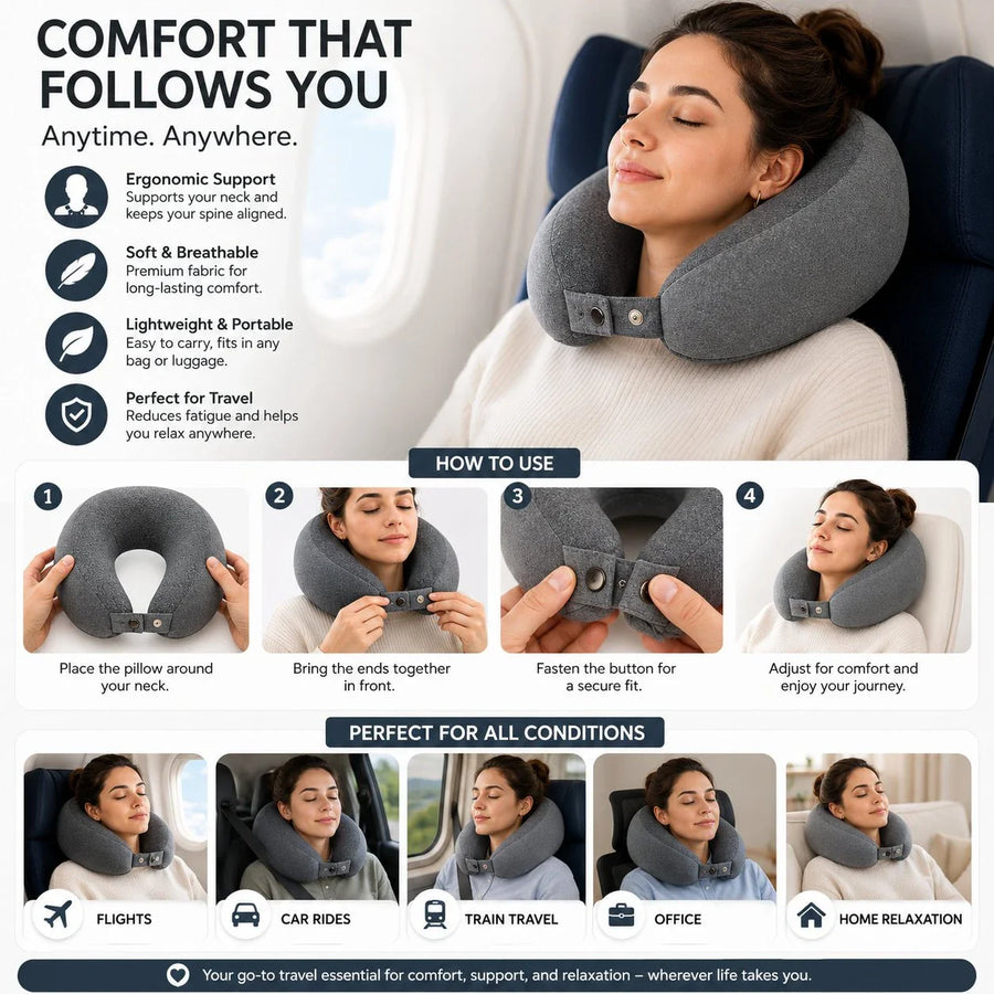 Cosymor grey travel neck pillow in use for comfortable journey support