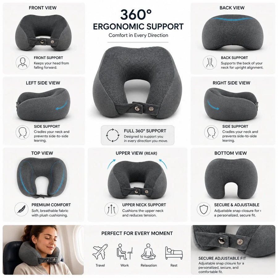 Cosymor grey U-shape travel neck pillow 360 degree ergonomic neck support