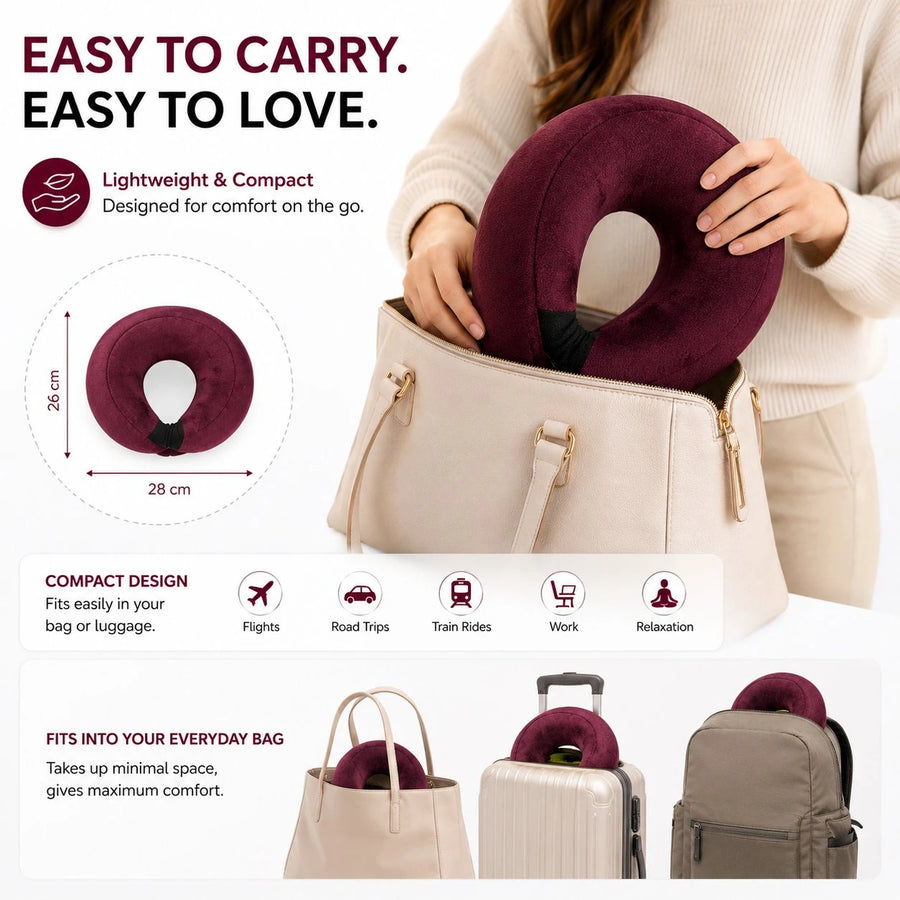 Cosymor wrap travel neck pillow worn around neck on train journey