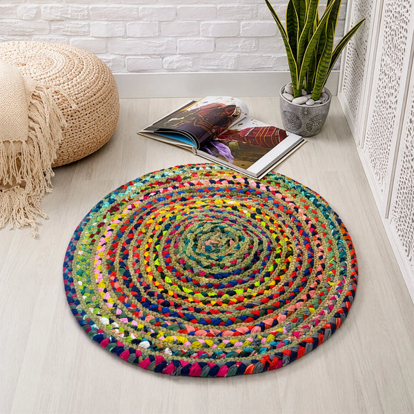 Handwoven Multicolored Round Braided Dhurrie Carpet Rug (2 Ft / 25 Inch)
