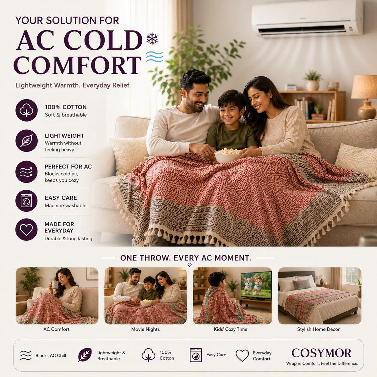 Cosymor Red Black Diamond Print Cotton Throw Blanket – Reversible Boho Sofa & Bed Throw (50x70 Inch)