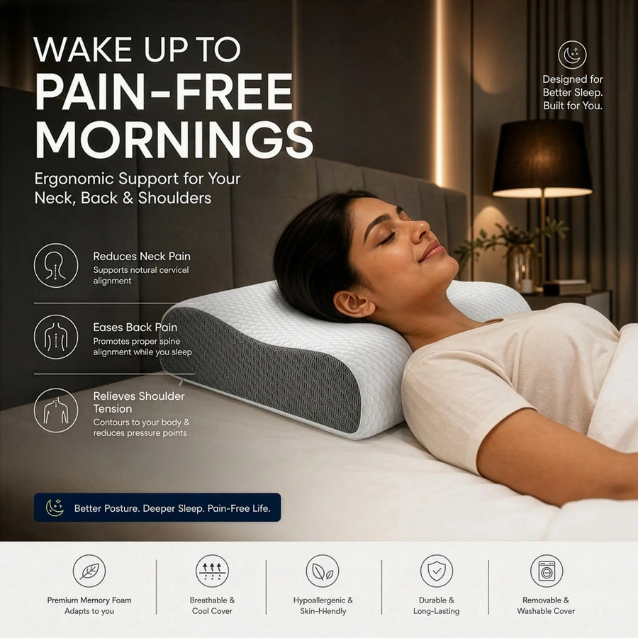Cosymor cervical contour pillow in use on bed for neck and shoulder support