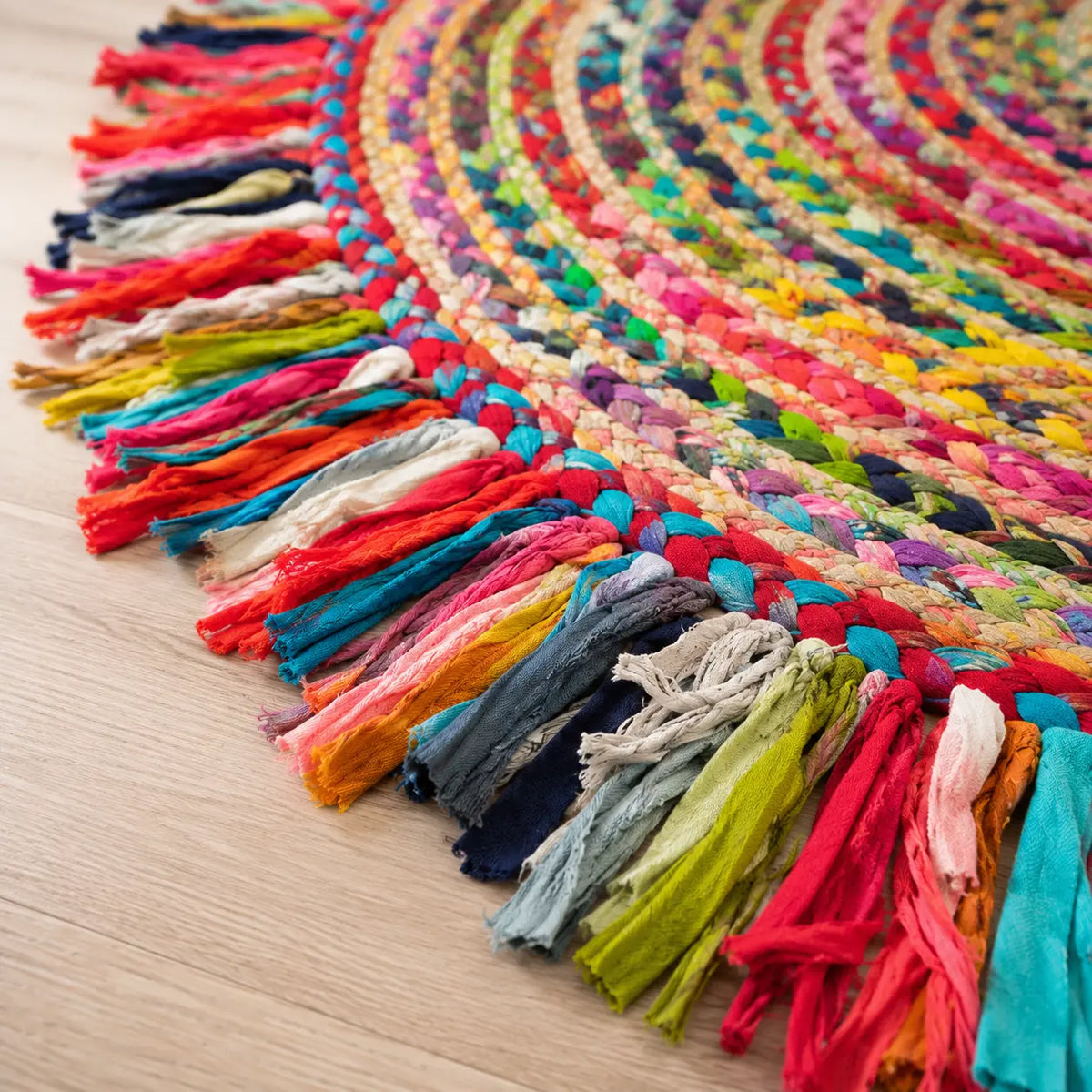 Colorful Jute Cotton Braided Round Fringed Rug – Boho Floor Rug (3 Ft / 36 Inch)