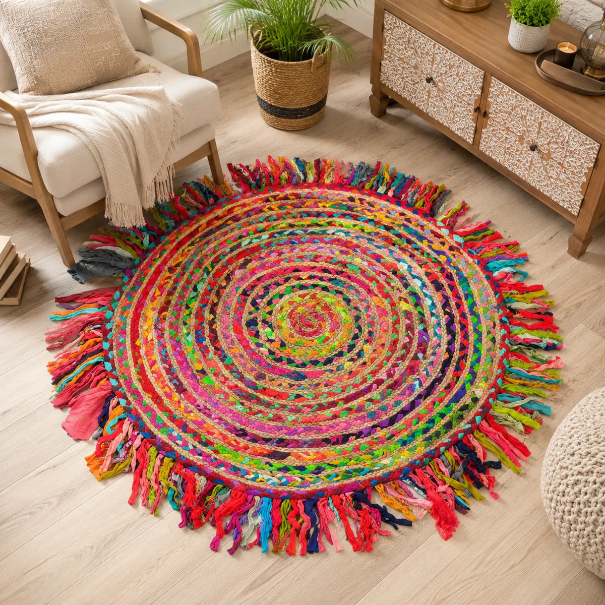 Colorful Jute Cotton Braided Round Fringed Rug – Boho Floor Rug (3 Ft / 36 Inch)