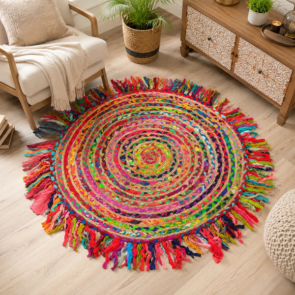 Colorful Jute Cotton Braided Round Fringed Rug – Boho Floor Rug (3 Ft / 36 Inch)