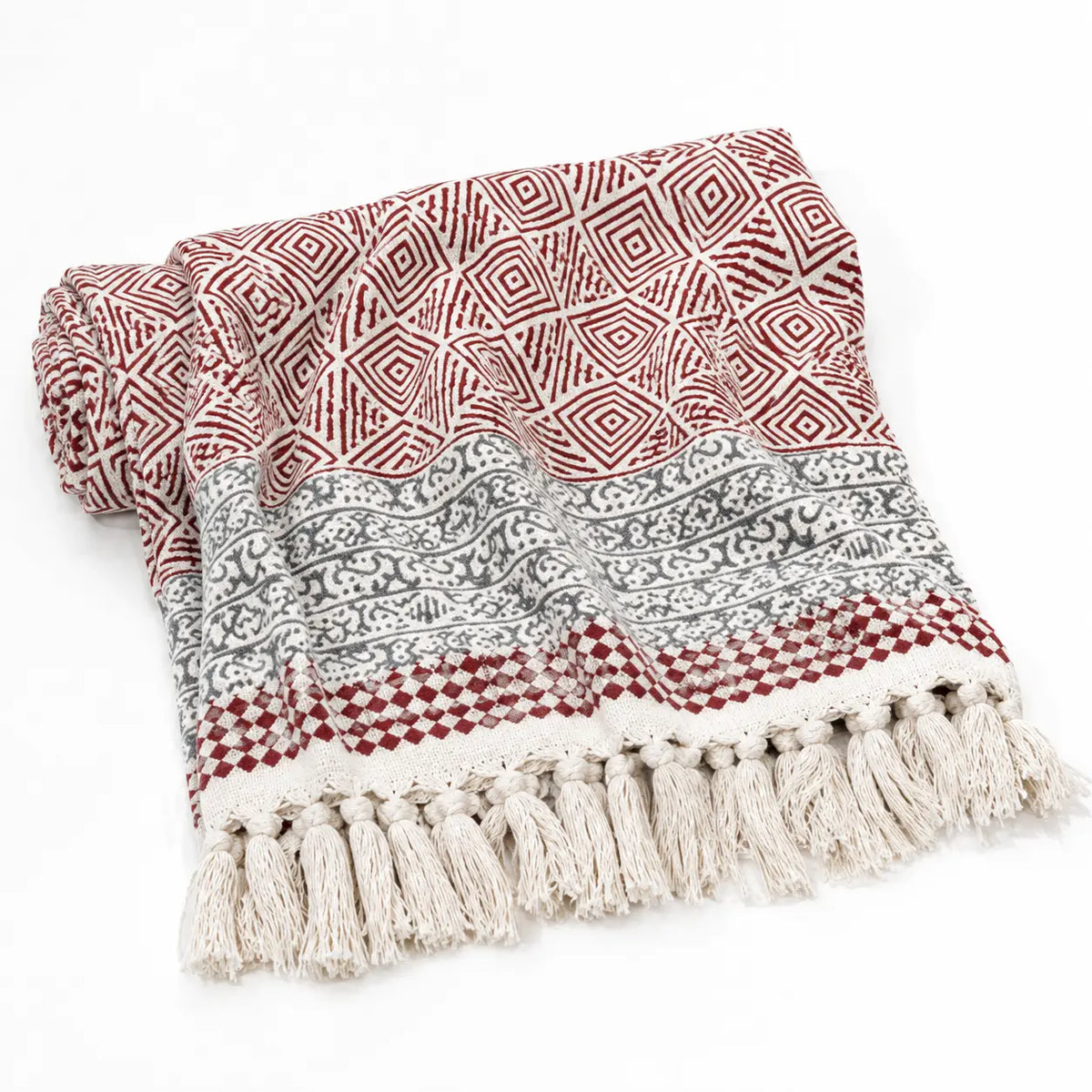 Cosymor Red Black Diamond Print Cotton Throw Blanket – Reversible Boho Sofa & Bed Throw (50x70 Inch)