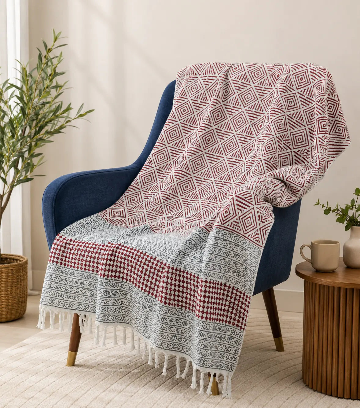 Cosymor Red Black Diamond Print Cotton Throw Blanket – Reversible Boho Sofa & Bed Throw (50x70 Inch)