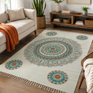 Beige Multi Mandala Cotton Area Rug – Flatweave Boho Floor Rug (3x5 Ft / 36x60 Inch)